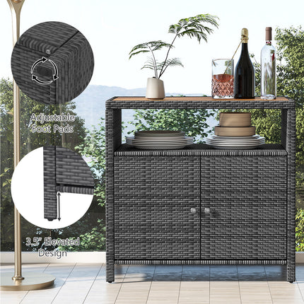 DREAMADE Outdoor Storage Cabinet, Wicker Patio Cabinet with Wood Top, Grey
