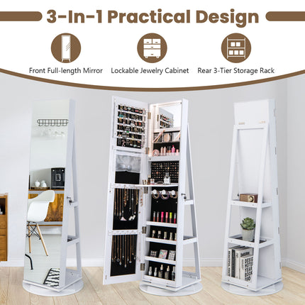 DREAMADE 360° Rotating Jewelry Armoire, 3-in-1 Lockable Large Capacity Jewelry Organizer w/ 3 Color LED Lighting