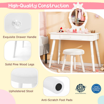 DREAMADE 2-in-1 Kids Makeup Vanity, Girls Vanity w/Lights, Stool, Mirror & Drawer