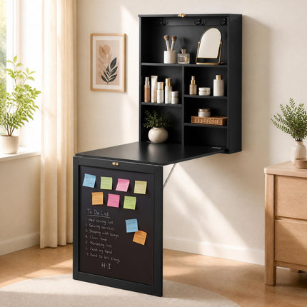 DREAMADE Folding Wall Desk, Wall Mounted Table with Storage, Fold Out Table with Shelves