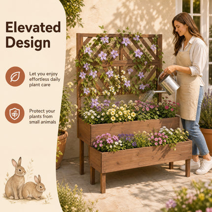 DREAMADE Raised Garden Bed with Trellis, 2-Tier Wooden Planter Box, Brown