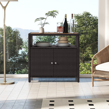 DREAMADE Outdoor Storage Cabinet, Wicker Patio Cabinet with Wood Top, Brown