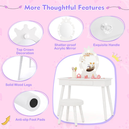 DREAMADE 2-in-1 Kids Makeup Vanity, Girls Vanity w/Lights, Stool, Mirror & Drawer