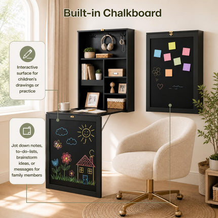 DREAMADE Folding Wall Desk, Wall Mounted Table with Storage, Fold Out Table with Shelves