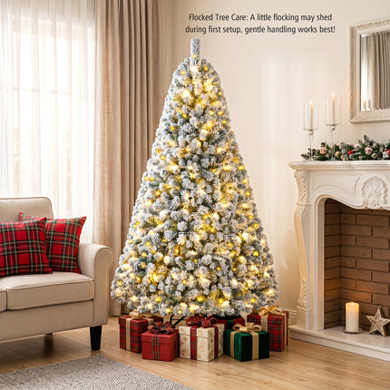 DREAMADE 7 FT Snow Flocked Christmas Tree, Pre-Lit Artificial Pine Tree