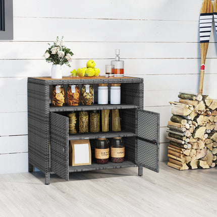 DREAMADE Outdoor Storage Cabinet, Wicker Patio Cabinet with Wood Top, Grey