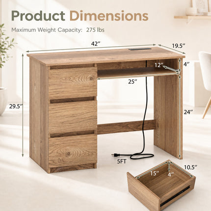 DREAMADE 42" Computer Desk with 3 Drawers and Keyboard Tray, Natural