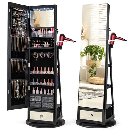 DREAMADE 360° Swivel Jewelry Cabinet with Body Mirror, Full Length Mirror with Storage Jewelry Armoire with Back Storage Shelve