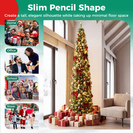 5ft Prelit Pencil Christmas Tree, Artificial Slim Xmas Tree with 150 Warm White LED Lights & 296 Full Branches