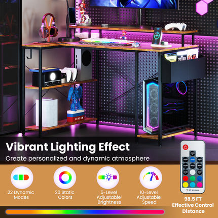 DREAMADE L-Shaped Gaming Desk with LED Lights & Power Outlets, 48" Computer Table with Storage Shelves