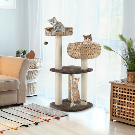 DREAMADE 41 Inches Wicker Cat Tree, Modern Cat Tower with Handwoven Cat Condo & Perch