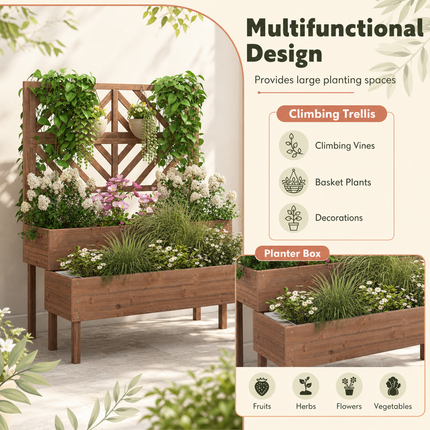DREAMADE Raised Garden Bed with Trellis, 2-Tier Wooden Planter Box, Brown