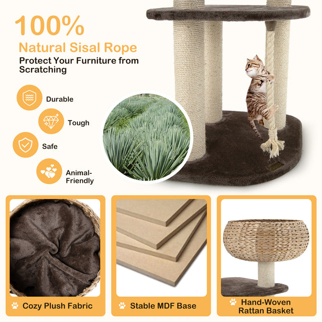DREAMADE 41 Inches Wicker Cat Tree, Modern Cat Tower with Handwoven Cat Condo & Perch