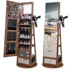 DREAMADE 360° Swivel Jewelry Cabinet with Body Mirror, Full Length Mirror with Storage Jewelry Armoire with Back Storage Shelve
