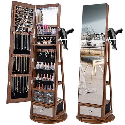 DREAMADE 360° Swivel Jewelry Cabinet with Body Mirror, Full Length Mirror with Storage Jewelry Armoire with Back Storage Shelve