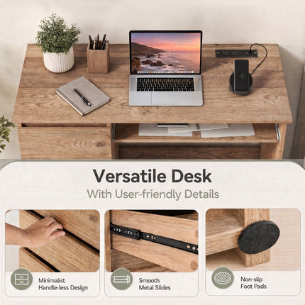 DREAMADE 42" Computer Desk with 3 Drawers and Keyboard Tray, Natural