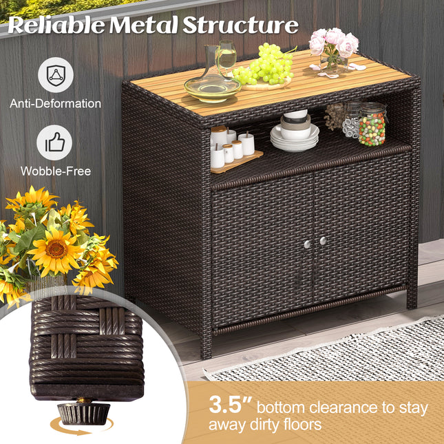 DREAMADE Outdoor Storage Cabinet, Wicker Patio Cabinet with Wood Top, Brown