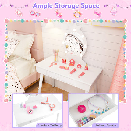 DREAMADE 2-in-1 Kids Makeup Vanity, Girls Vanity w/Lights, Stool, Mirror & Drawer
