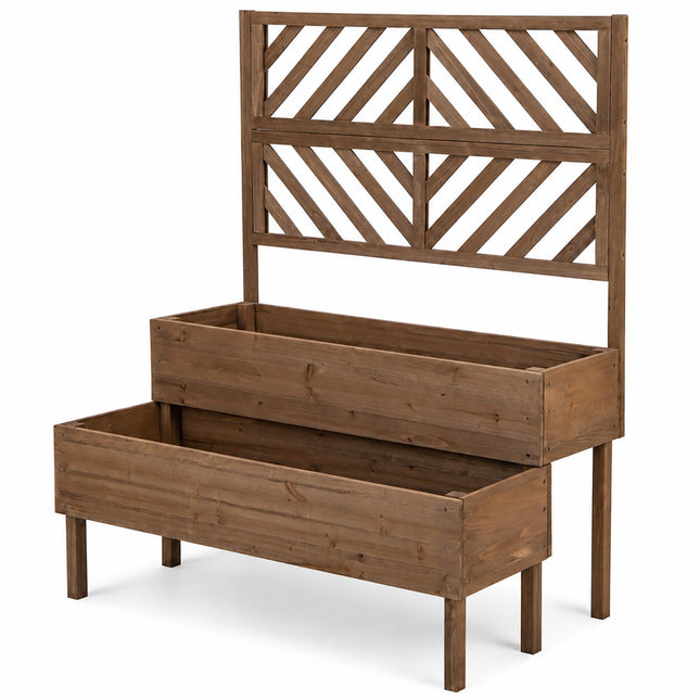 DREAMADE Raised Garden Bed with Trellis, 2-Tier Wooden Planter Box, Brown