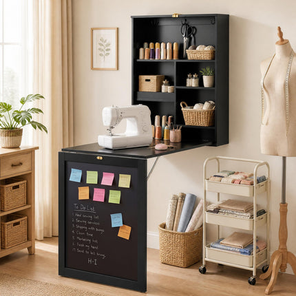 DREAMADE Folding Wall Desk, Wall Mounted Table with Storage, Fold Out Table with Shelves