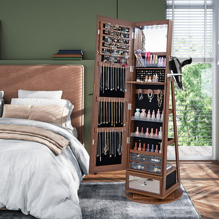 DREAMADE 360° Swivel Jewelry Cabinet with Body Mirror, Full Length Mirror with Storage Jewelry Armoire with Back Storage Shelve