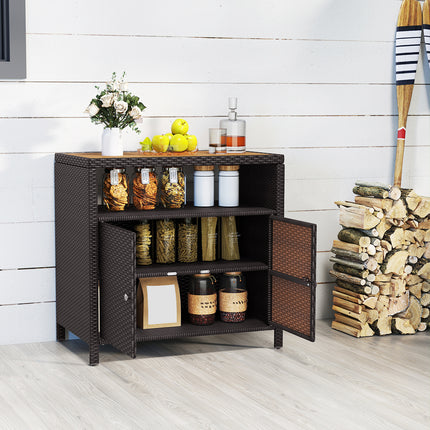 DREAMADE Outdoor Storage Cabinet, Wicker Patio Cabinet with Wood Top, Brown