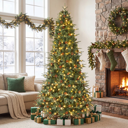 DREAMADE 7.5 ft Pre-Lit Christmas Tree, 1125 Hinged Tips with Pine Cones