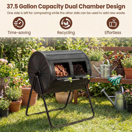 DREAMADE 37.5 Gallon Compost Bin, Dual Chamber Tumbler Composter, Black