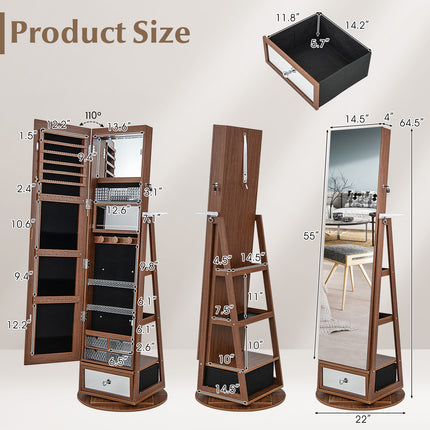 DREAMADE 360° Swivel Jewelry Cabinet with Body Mirror, Full Length Mirror with Storage Jewelry Armoire with Back Storage Shelve