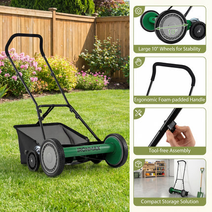DREAMADE Manual Reel Mower, 18" Push Reel Lawn Mower, Green