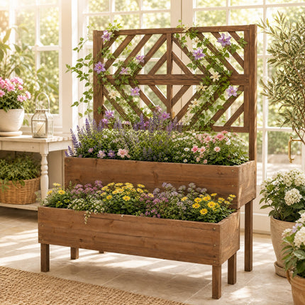 DREAMADE Raised Garden Bed with Trellis, 2-Tier Wooden Planter Box, Brown
