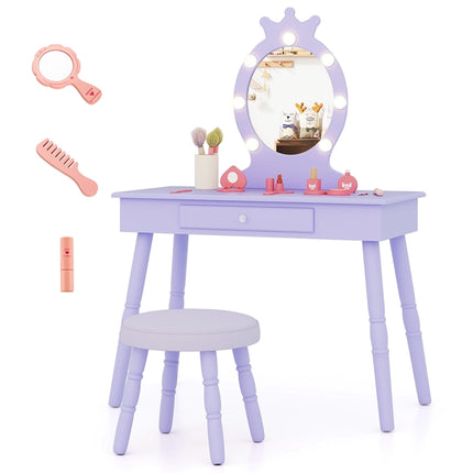 DREAMADE 2-in-1 Kids Makeup Vanity, Girls Vanity w/Lights, Stool, Mirror & Drawer