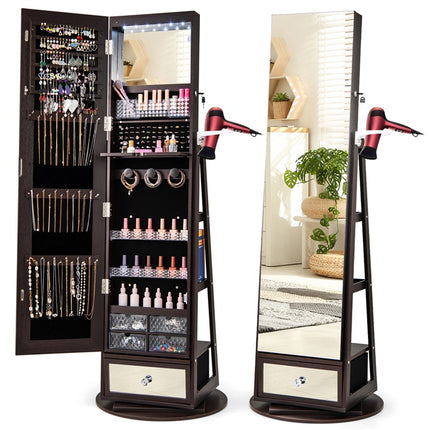DREAMADE 360° Swivel Jewelry Cabinet with Body Mirror, Full Length Mirror with Storage Jewelry Armoire with Back Storage Shelve