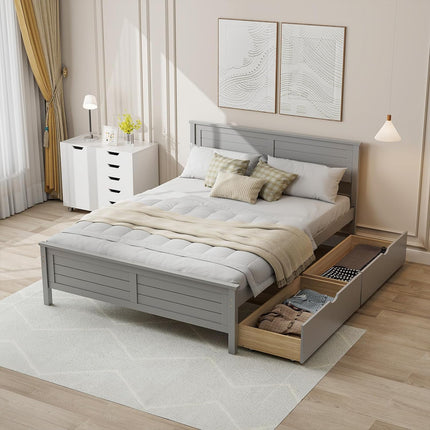 Dreamade Wood Full Size Bed Frame with 2 Storage Drawers, Solid Wood Platform Bed with Headboard