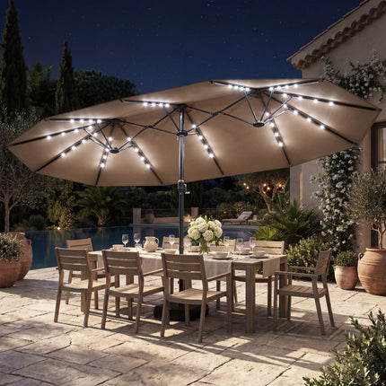 DREAMADE 15 ft Double-Sided Patio Umbrella w/Base Included, Large Outdoor Umbrella w/ 48 Solar Lights
