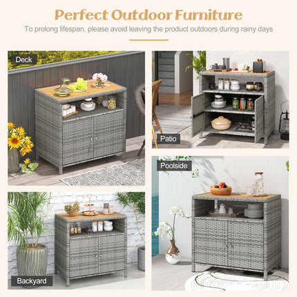 DREAMADE Outdoor Storage Cabinet, Wicker Patio Cabinet with Wood Top, Grey