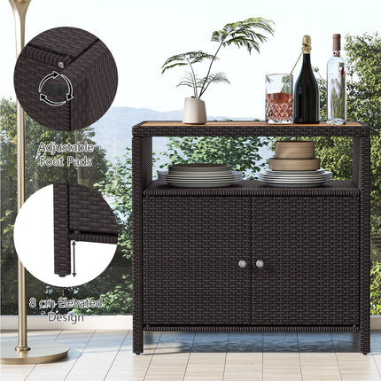 DREAMADE Outdoor Storage Cabinet, Wicker Patio Cabinet with Wood Top, Brown