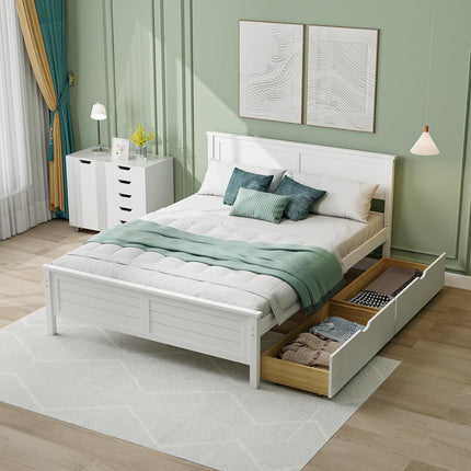 Dreamade Wood Full Size Bed Frame with 2 Storage Drawers, Solid Wood Platform Bed with Headboard