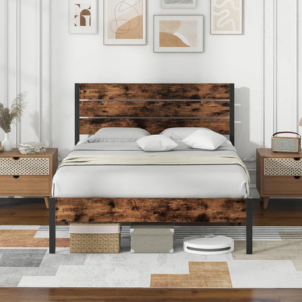 Dreamade King/Queen/Full/Twin Size Metal Platform Bed Frame, Industrial Bed Frames with Wood Headboard