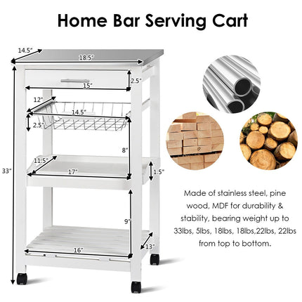Dreamade Kitchen Island Cart Rolling Kitchen Trolley with Stainless Steel Tabletop
