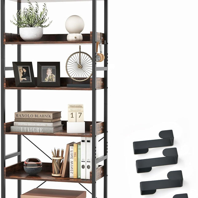 Dreamade Industrial 6-Tier Bookshelf, 70" Tall Freestanding Storage Display Shelf with 4 Hooks