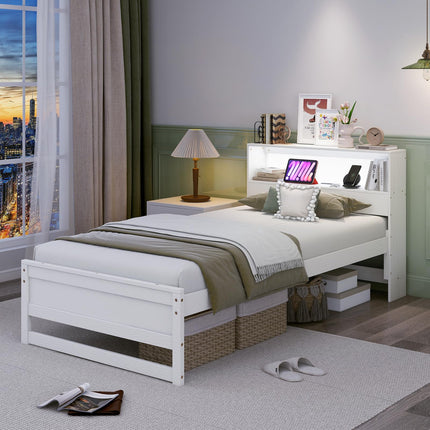 Dreamade Twin Bed Frames with Storage Headboard, Wood Platform Bed with Charging Station & LED Light
