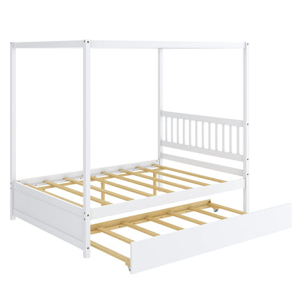 Dreamade Canopy Bed w/ Trundle, Full Size Kids Solid Wood Platform Bed Frame