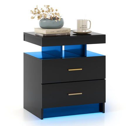 Dreamade LED Nightstand, Modern Black Bedside Tables with 2 Storage Drawers
