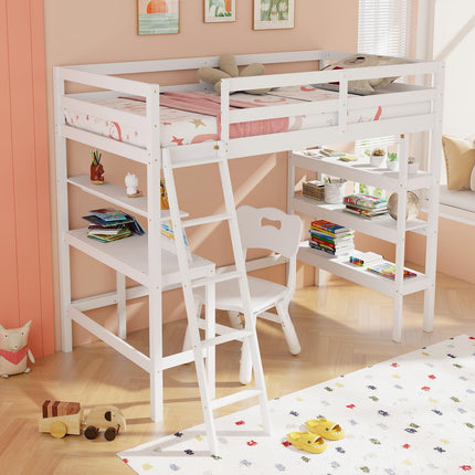 Dreamade Loft Bed with Desk & Bookshelves