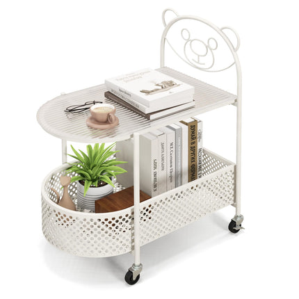 Dreamade Mobile Glass Coffee Table, 2-Tier Modern Cocktail Table with Bear Pattern, Storage Basket & Metal Frame