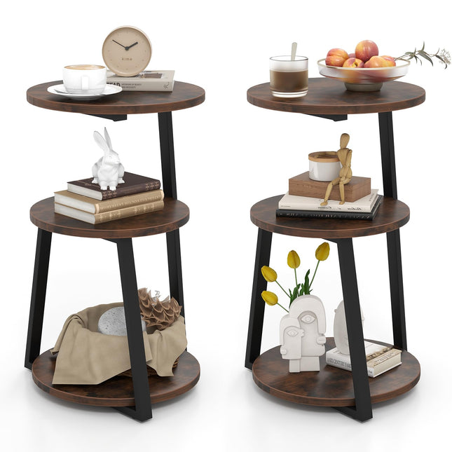 Dreamade Round End Table, Industrial Side Table with Sturdy Metal Frame, Coffee Table, 3-Tier Bedside Table for Bedroom, Living Room