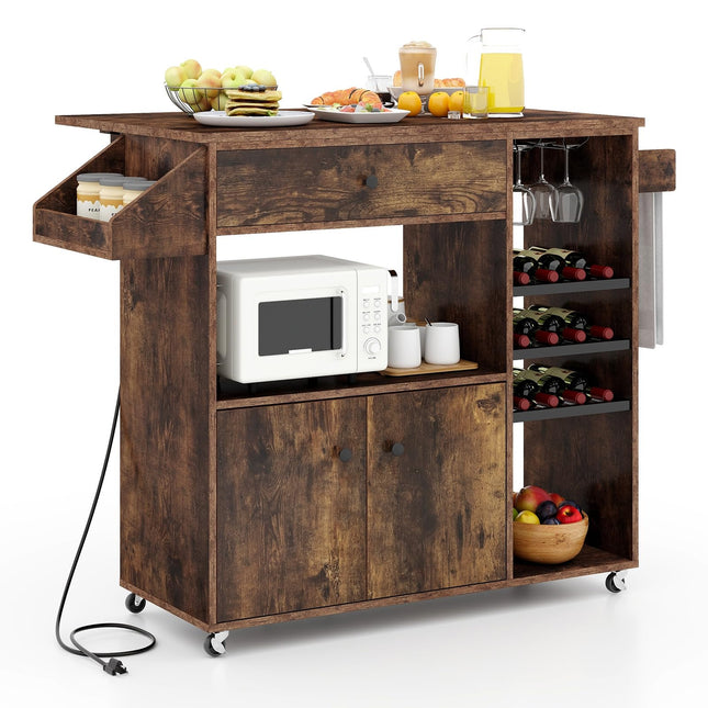 Dreamade Rolling Kitchen Island Cart with Drop Leaf, Power Outlet, Spice Rack, 12 Wine Rack
