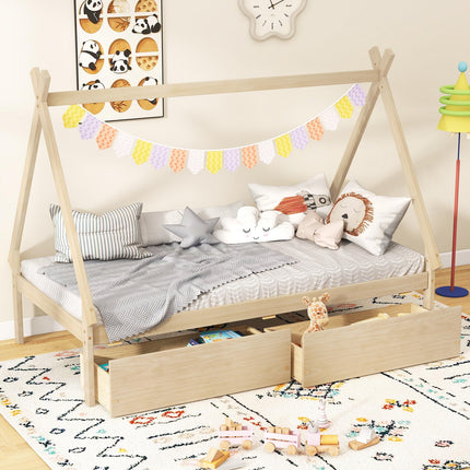 Dreamade Twin Bed Frame with 2 Storage Drawers, Wood House Tent Platform Bed Frame with Triangle Structure