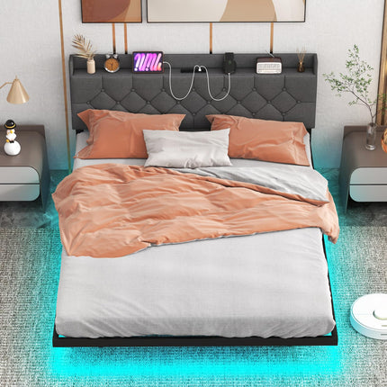 Dreamade Queen/Full Size Floating Bed Frame with LED Lights, Modern Platform Bed with Adjustable Upholstered Headboard & Charging Station